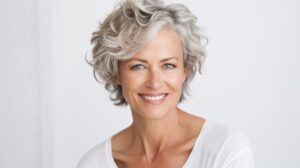 Youthful gray-haired woman with a beautiful smile